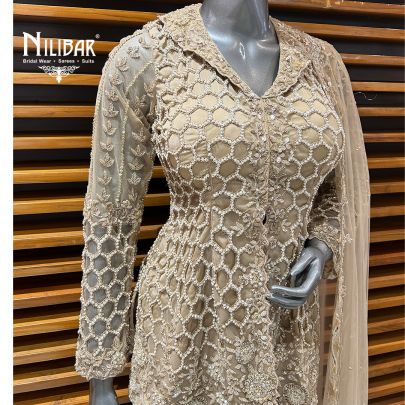 Light Beige Net Indo-Western Set