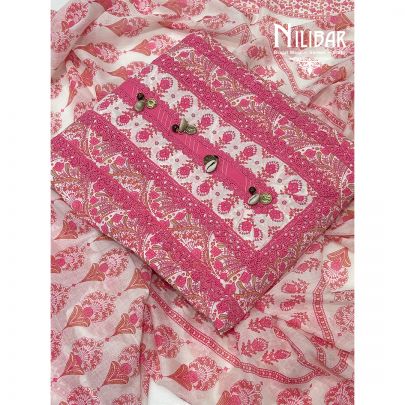 Off White and Pink Cotton Printed Suit