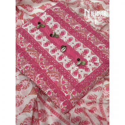 Off White and Pink Cotton Printed Suit