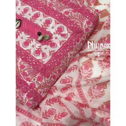 Off White and Pink Cotton Printed Suit