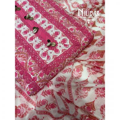Off White and Pink Cotton Printed Suit