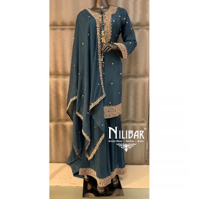 Teal Blue Chinnon Sharara Suit