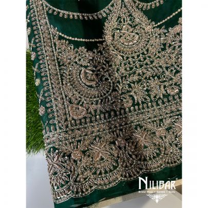 Bottle Green Organza Unstitched Suit
