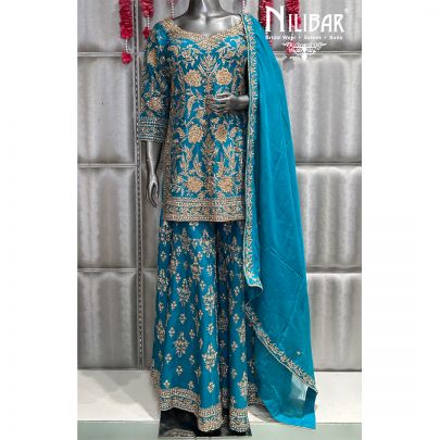 Sapphire Blue Silk Panelled Palazzo Suit