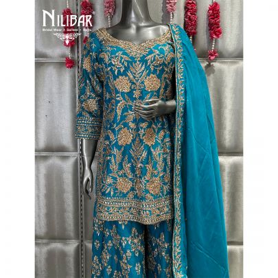 Sapphire Blue Silk Panelled Palazzo Suit