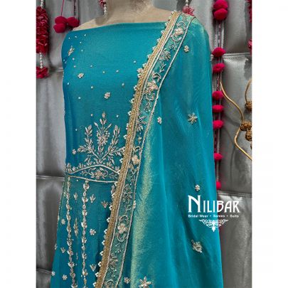 Turquoise Blue Lame Silk Anarkali Suit