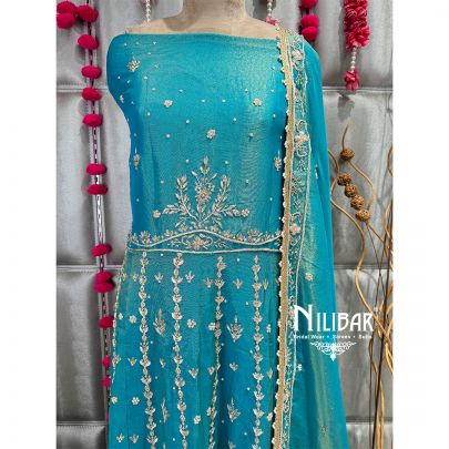 Turquoise Blue Lame Silk Anarkali Suit