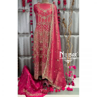 Coral Pink Lame Silk Anarkali Suit