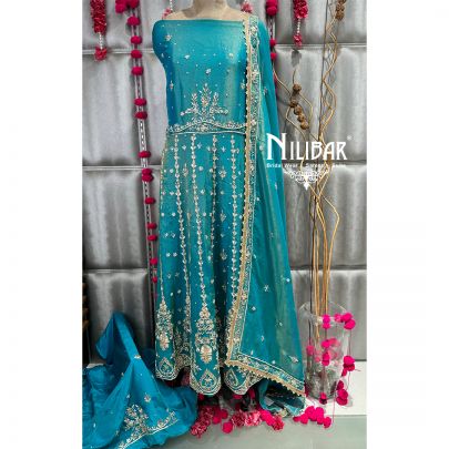 Turquoise Blue Lame Silk Anarkali Suit