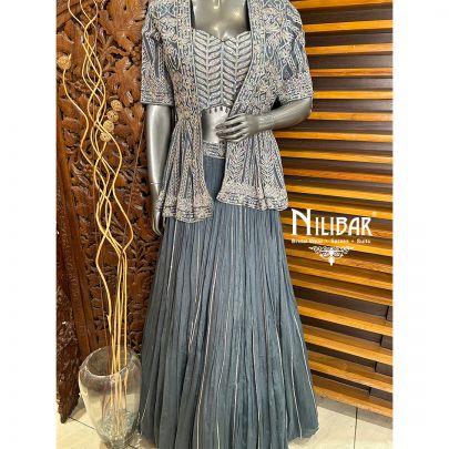 Charcoal Gray Jacket Style Chinon Lehenga