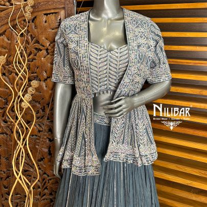 Charcoal Gray Jacket Style Chinon Lehenga