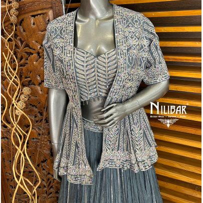Charcoal Gray Jacket Style Chinon Lehenga