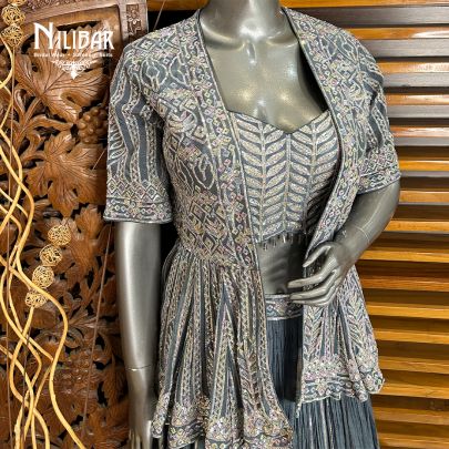 Charcoal Gray Jacket Style Chinon Lehenga