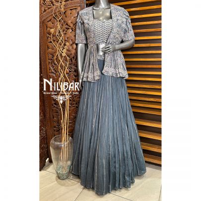 Charcoal Gray Jacket Style Chinon Lehenga