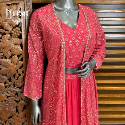 Watermelon Pink Jacket Style Georgette Lehenga