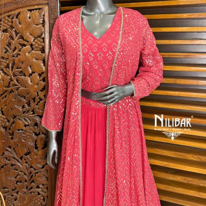 Watermelon Pink Jacket Style Georgette Lehenga