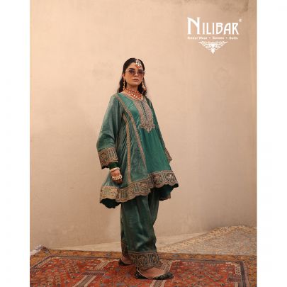 Turquoise Green Crush Tissue A-Line Shirt Paired With Salwar & Contrast Dupatta
