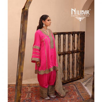 Hot Pink Silk Banarasi Detail Shirt Paired With Salwar & Contrast Beige Gold Dupatta