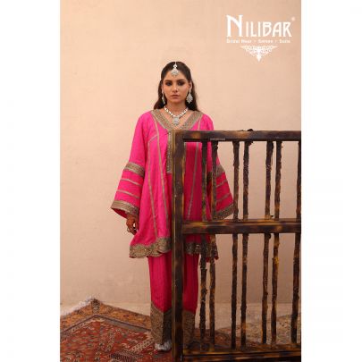 Hot Pink Silk Banarasi Detail Shirt Paired With Salwar & Contrast Beige Gold Dupatta