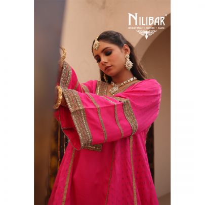 Hot Pink Silk Banarasi Detail Shirt Paired With Salwar & Contrast Beige Gold Dupatta