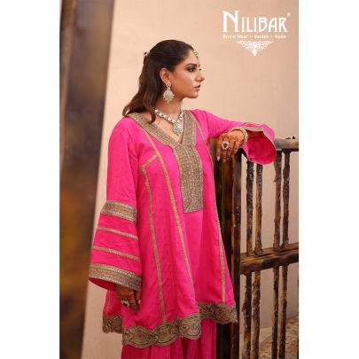 Hot Pink Silk Banarasi Detail Shirt Paired With Salwar & Contrast Beige Gold Dupatta