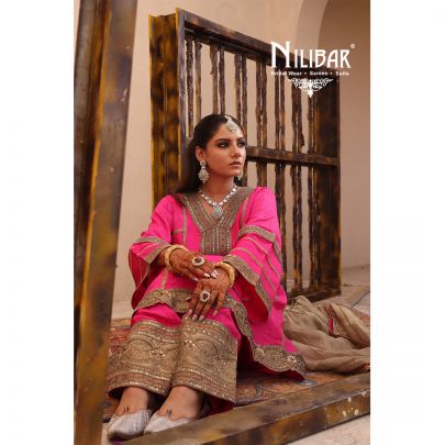 Hot Pink Silk Banarasi Detail Shirt Paired With Salwar & Contrast Beige Gold Dupatta