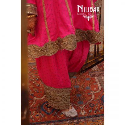 Hot Pink Silk Banarasi Detail Shirt Paired With Salwar & Contrast Beige Gold Dupatta