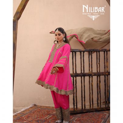 Hot Pink Silk Banarasi Detail Shirt Paired With Salwar & Contrast Beige Gold Dupatta