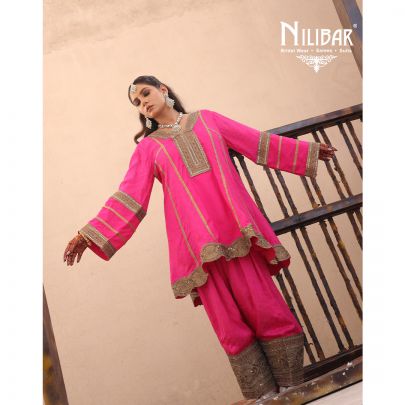 Hot Pink Silk Banarasi Detail Shirt Paired With Salwar & Contrast Beige Gold Dupatta