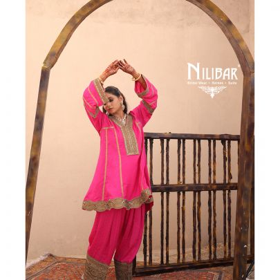 Hot Pink Silk Banarasi Detail Shirt Paired With Salwar & Contrast Beige Gold Dupatta
