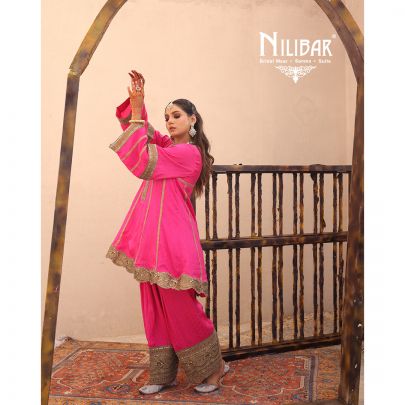 Hot Pink Silk Banarasi Detail Shirt Paired With Salwar & Contrast Beige Gold Dupatta