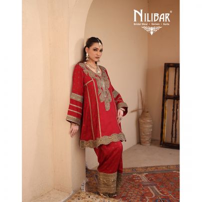 Red Silk Banarasi Detail Shirt Paired With Salwar & Contrast Beige Gold Dupatta