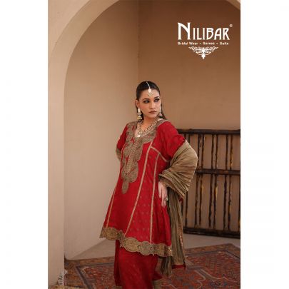 Red Silk Banarasi Detail Shirt Paired With Salwar & Contrast Beige Gold Dupatta