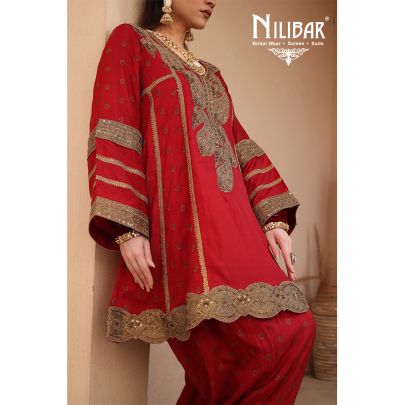 Red Silk Banarasi Detail Shirt Paired With Salwar & Contrast Beige Gold Dupatta