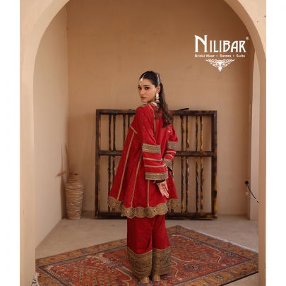 Red Silk Banarasi Detail Shirt Paired With Salwar & Contrast Beige Gold Dupatta