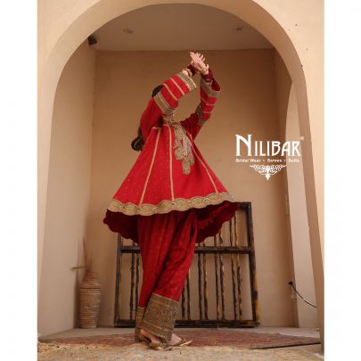 Red Silk Banarasi Detail Shirt Paired With Salwar & Contrast Beige Gold Dupatta
