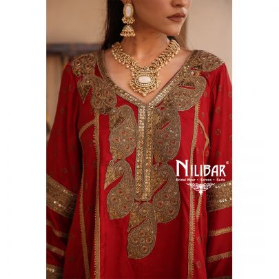 Red Silk Banarasi Detail Shirt Paired With Salwar & Contrast Beige Gold Dupatta