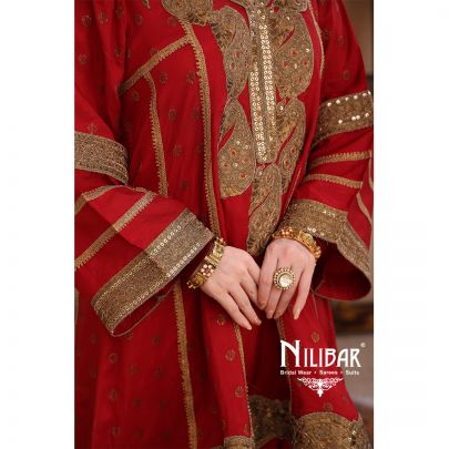 Red Silk Banarasi Detail Shirt Paired With Salwar & Contrast Beige Gold Dupatta
