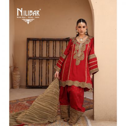 Red Silk Banarasi Detail Shirt Paired With Salwar & Contrast Beige Gold Dupatta