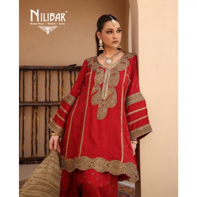 Red Silk Banarasi Detail Shirt Paired With Salwar & Contrast Beige Gold Dupatta