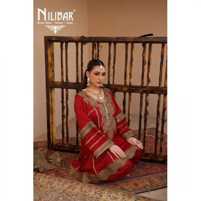 Red Silk Banarasi Detail Shirt Paired With Salwar & Contrast Beige Gold Dupatta