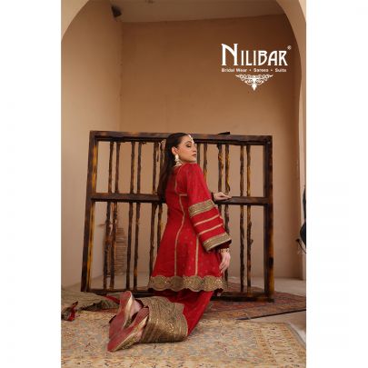 Red Silk Banarasi Detail Shirt Paired With Salwar & Contrast Beige Gold Dupatta