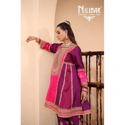Purple & Pink Silk Shirt Paired With Purple Salwar & Pink Net Dupatta