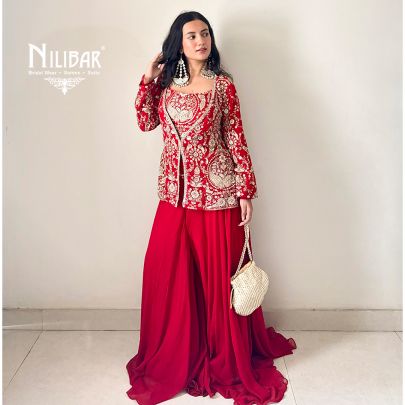Shefali Thapa In Our Red Georgette Three Piece Indo-Western Set