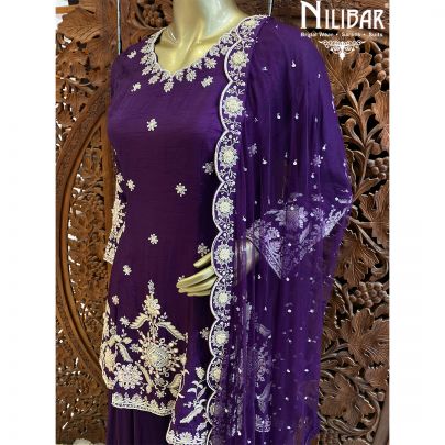 Purple Silk Crepe Net Palazzo Suit
