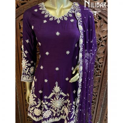 Purple Silk Crepe Net Palazzo Suit