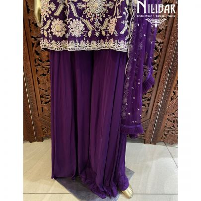 Purple Silk Crepe Net Palazzo Suit