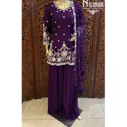 Purple Silk Crepe Net Palazzo Suit