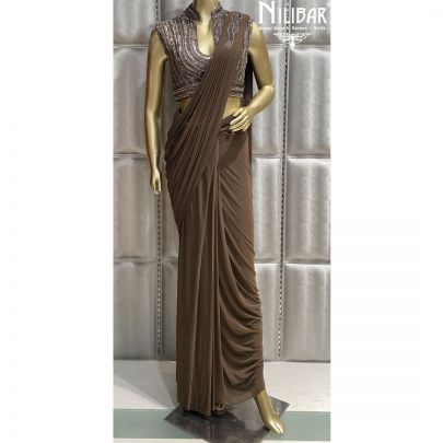 Brown Lycra and Net Draped Saree