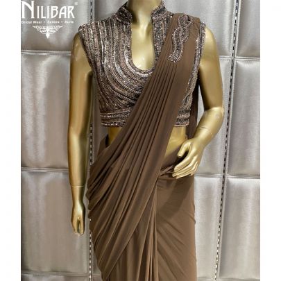 Brown Lycra and Net Draped Saree